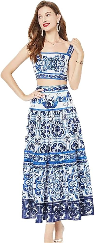 Women's Summer Blue Porcelain Outfits Short Spaghetti Strap Crop Top Long Maxi Skirt | Amazon (US)
