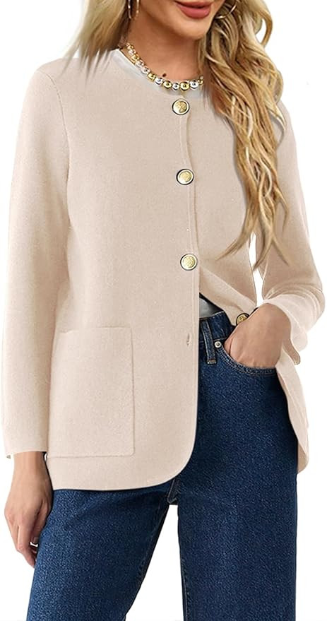 Langwyqu Womens Crew Neck Button Down Cardigan Sweaters Blazer Casual Long Sleeve Knit Solid Swea... | Amazon (US)