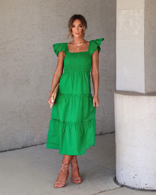 Briella Cotton Smocked Flutter Sleeve Midi Dress - Green | VICI