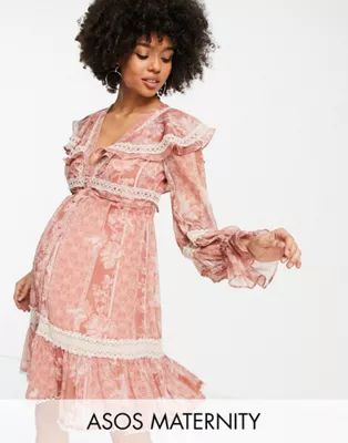 ASOS DESIGN Maternity lace insert mini dress with ruffle detail and button up in pink floral | ASOS (Global)