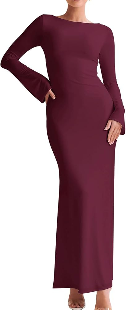 GLNEGE Women's Long Sleeve Bodycon Maxi Dress Elegant Fitted Crew Neck Lounge Dresses | Amazon (US)