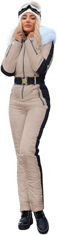 Zwurew Womens Winter Onesies Ski Suit Outdoor Sports Waterproof Snowsuit Fur Collar Ski Jumpsuit ... | Amazon (US)