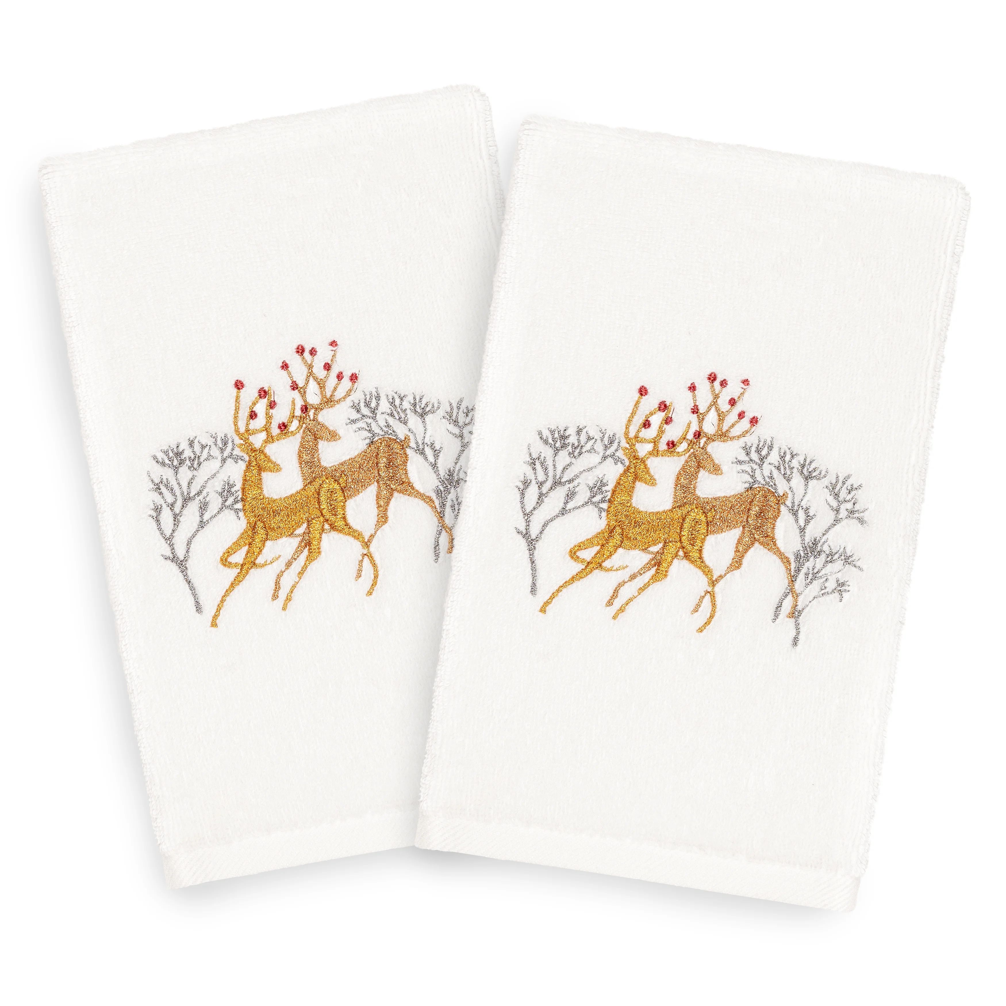 Linum Home Christmas Deer Pair Embroidered White Turkish Cotton Hand Towels - Set of 2 - Walmart.... | Walmart (US)