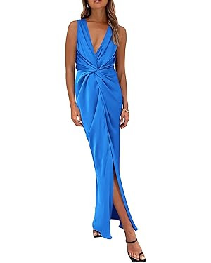 PRETTYGARDEN Womens 2024 Twist Front V Neck Sleeveless Split Maxi Dress | Amazon (US)