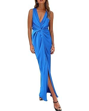 PRETTYGARDEN Women's Satin Ruched Bodycon Dress Summer 2024 Twist Front V Neck Sleeveless Split M... | Amazon (US)