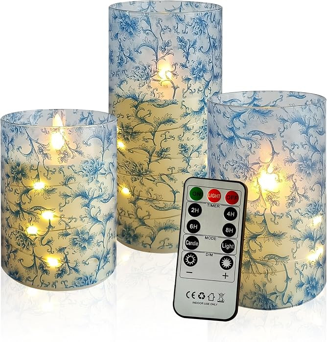 Flickering Flameless Candles Blue Floral Print, Embedded Star String Lights, Battery Operated Acr... | Amazon (US)