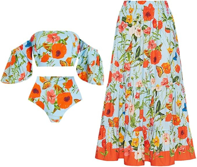 IDOPIP Women's One Piece Swimsuit with Beach Cover up Wrap Skirt Sarong Retro Floral Print Bikini... | Amazon (US)