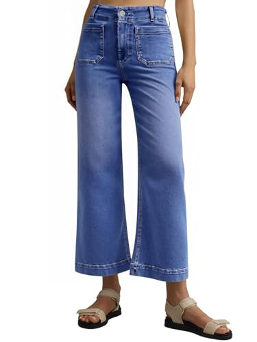 Tankaneo Wide Leg Jeans for Women Trendy High Waisted Flare Stretchy Jeans Cropped Baggy Denim Pants with Front Patch Pockets Royal Blue | Amazon (US)