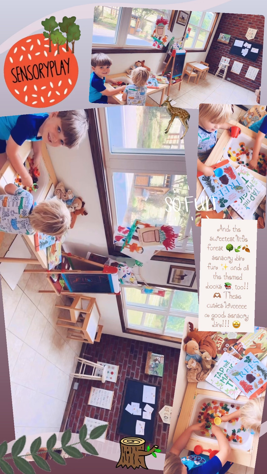 And the sweetest little forest 🌳🍃🍂 sensory bin fun ✨ and all the themed books 📚, too!! 🫶🏽 These cuties loveeeee a good sensory bin!!! 🤩