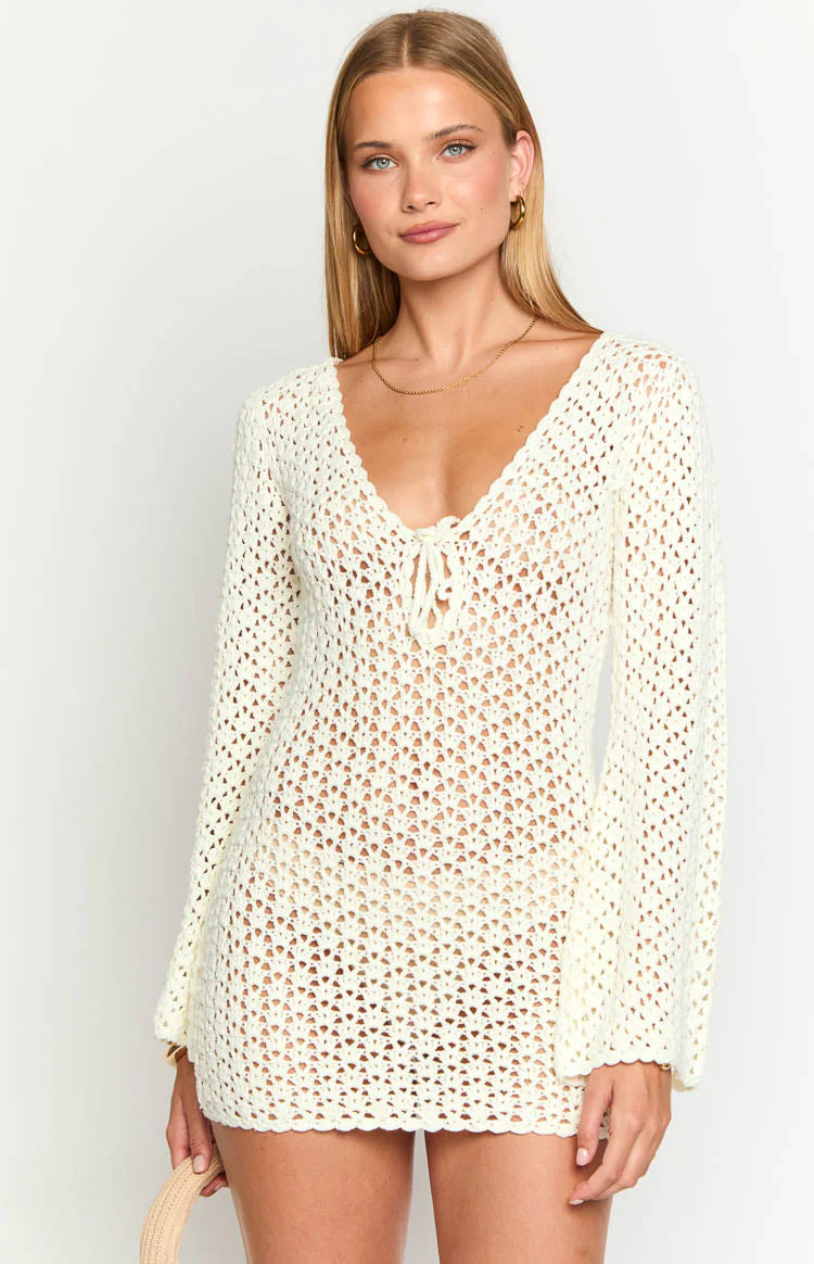 Rhi Cream Crochet Long Sleeve Mini Dress | Beginning Boutique (US)