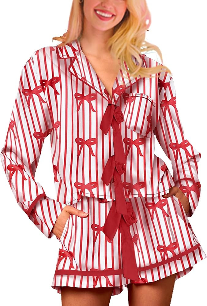 Conjunto de pijama de satén de Navidad para mujer, conjunto de pantalones cortos de camisa de ma... | Amazon (US)