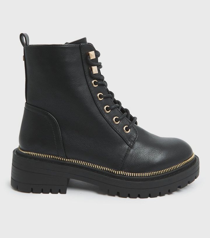 Black Leather-Look Zip Trim Lace Up Chunky Boots
						
						Add to Saved Items
						Remove fro... | New Look (UK)