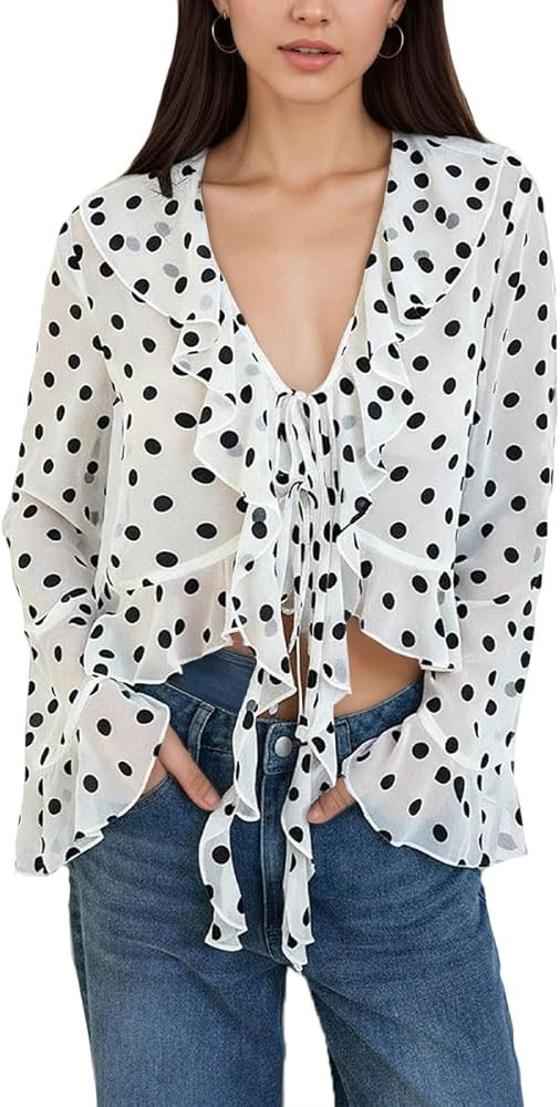 LOFAAC Women Sexy Polka Dot Tie Front Sheer Peplum Tops Coquette Flare Sleeve Deep V Neck Ruffle ... | Amazon (US)
