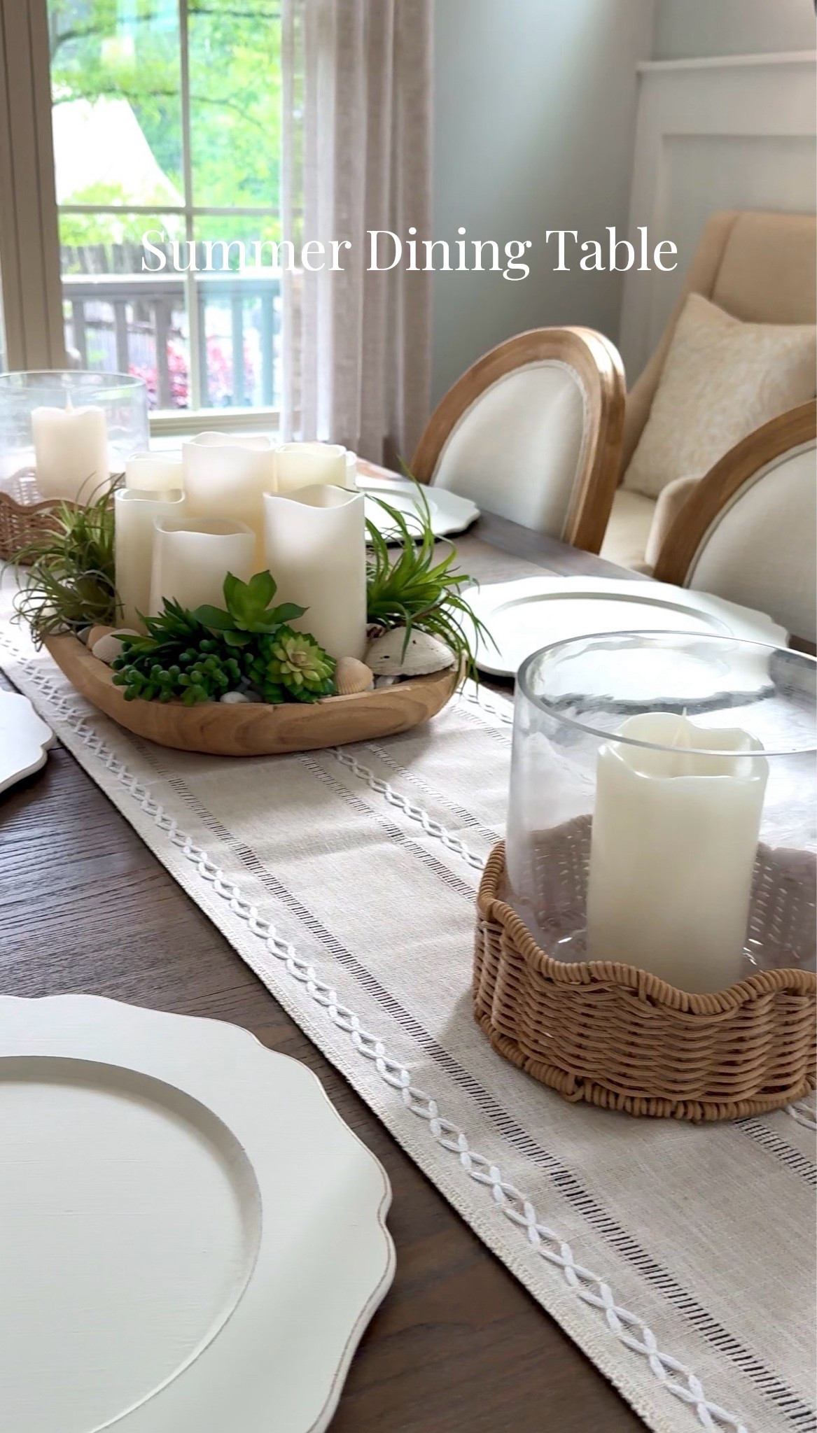 My summer dining table with woven hurricanes, boho table runner, wood bowl full of succulents. 

#amazonhomefinds

#LTKHome