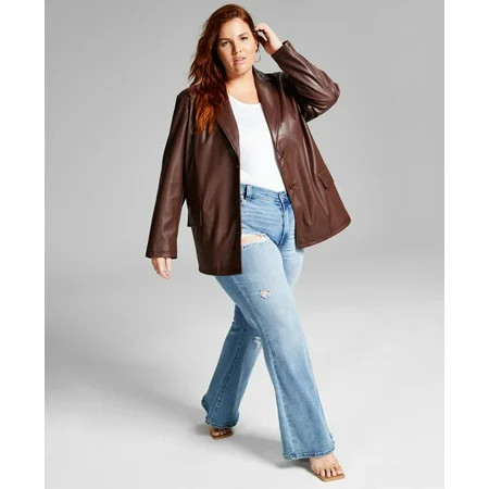 Trendy Plus Size Long Faux-Leather Blazer Brownie 1X | Walmart (US)