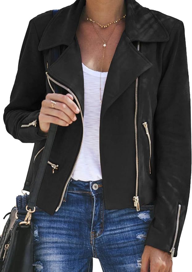 Blibea Women's Zipped Notch Collar Moto Biker Jacket Casual Short Coat Outwear | Amazon (US)