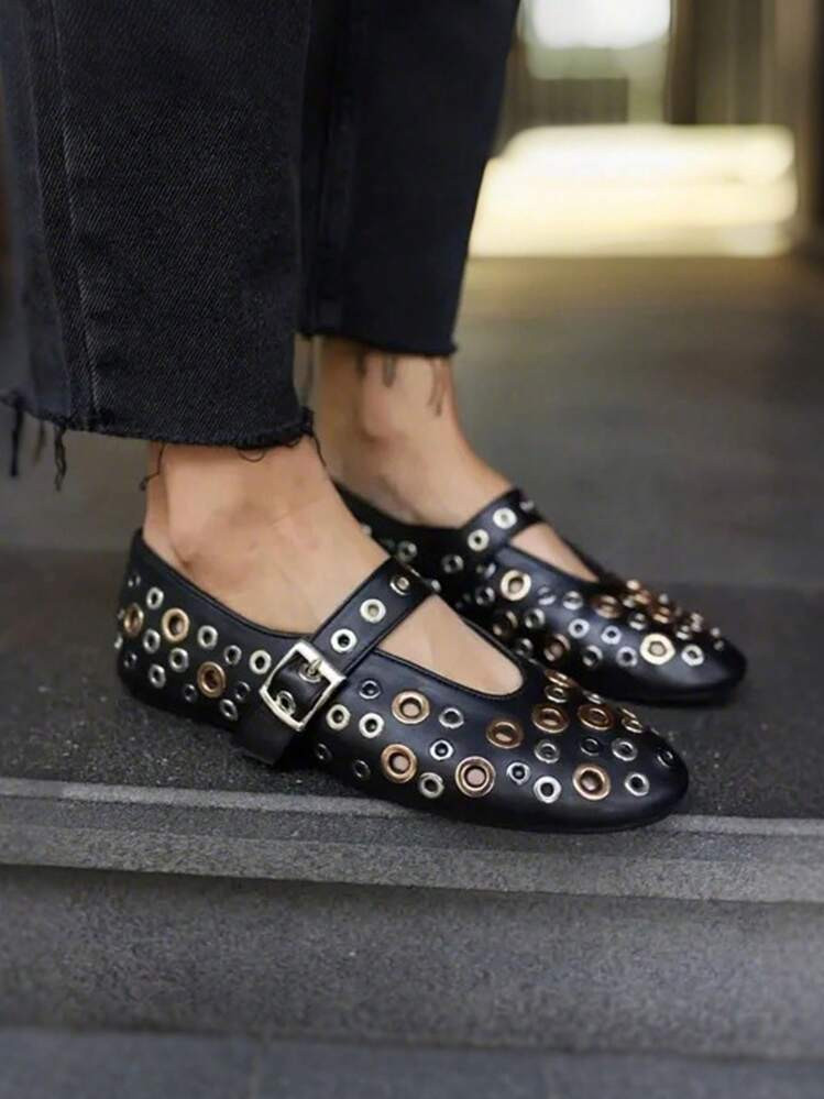 Women's Y2K Metal Hole Ballet Flats Fashion Eyelet Perforated Round Toe Buckle Strap Ballerina Sh... | SHEIN