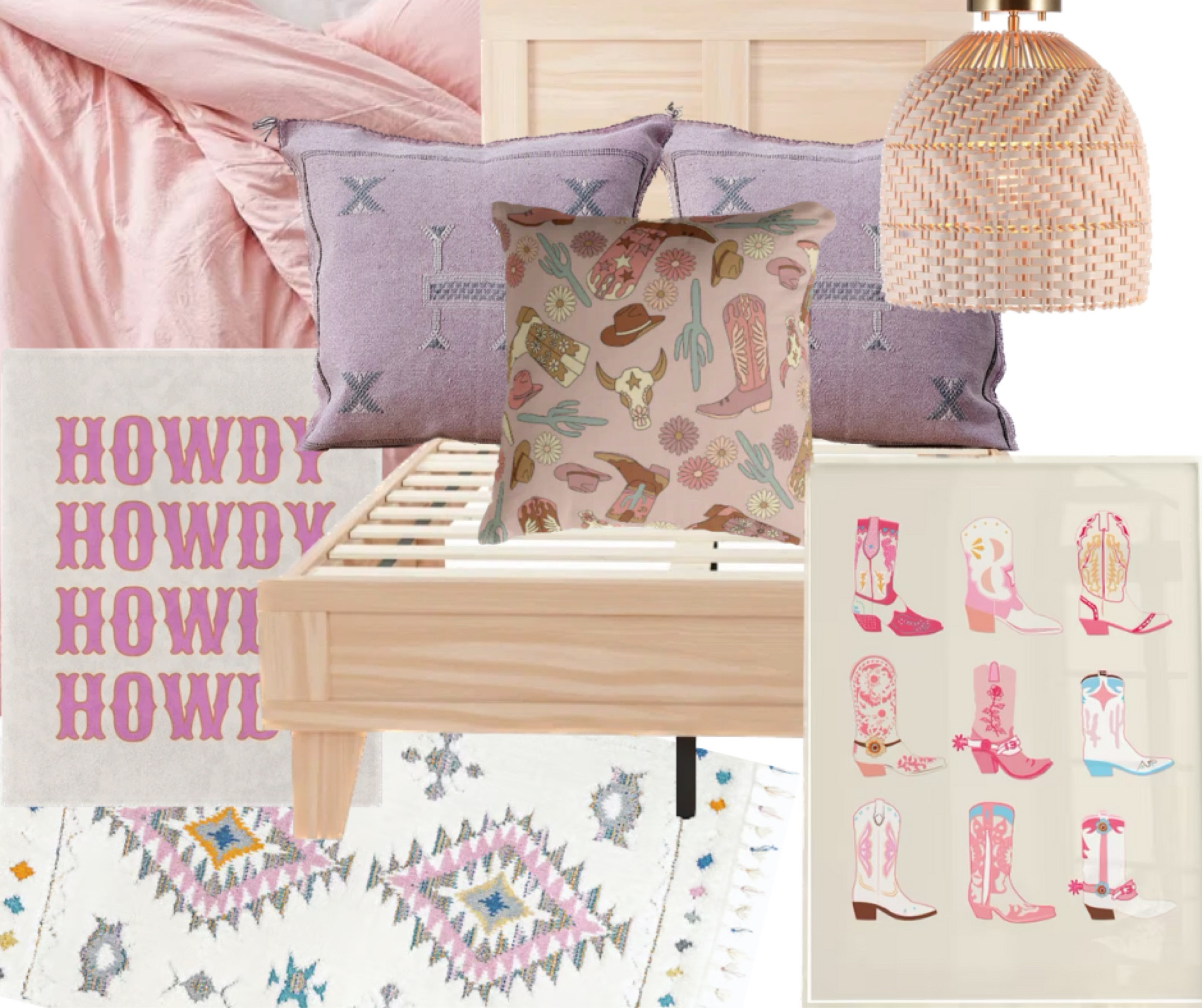 Western cowgirl bedroom inspo. 
Wooden bed frame, rattan light fixture, shag area rug, cowgirl western wall art, light pink duvet, howdy throw blanket, boho Moroccan throw pillows, western cowgirl print throw pillow. 

#weaterndecor #cowgirldecor #bedroomidea #westernbedroom #girlroom #westernart #wallart #western #throwblanket #homedecor #roomdecor #throwpillows #shagrug 

#LTKFind #LTKstyletip #LTKhome