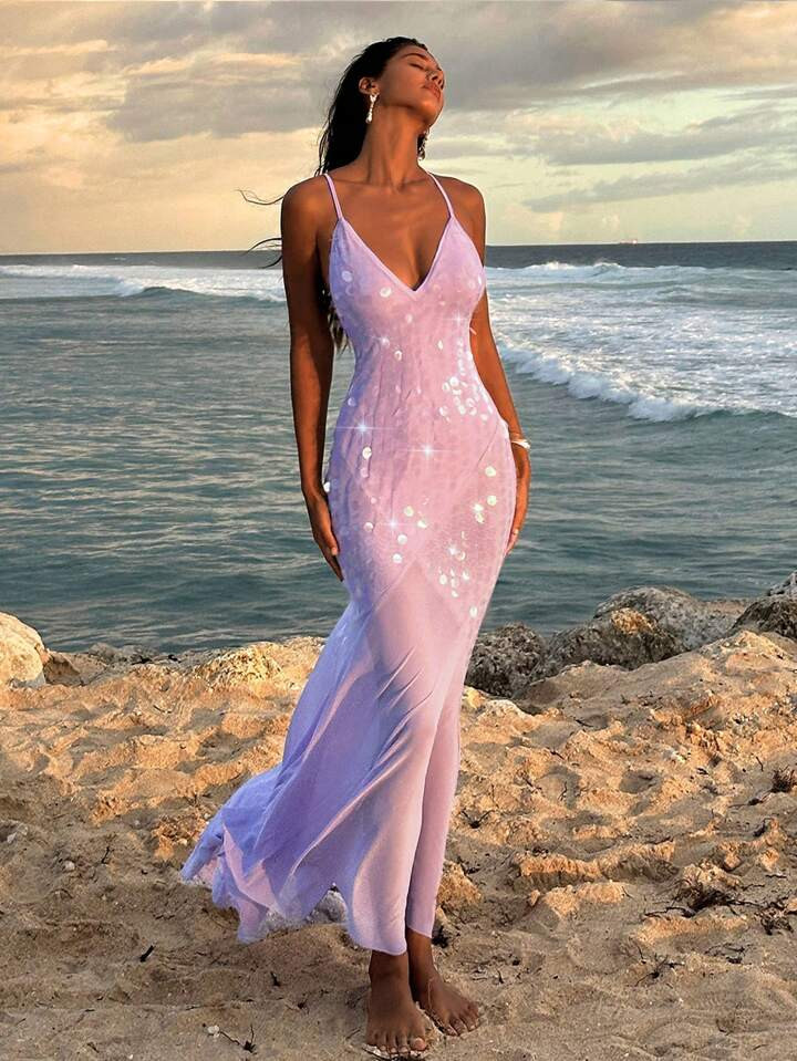 Opulessa Backless Sequin Patchwork Dress For Women, Vacation Style,Lavender Dress | SHEIN