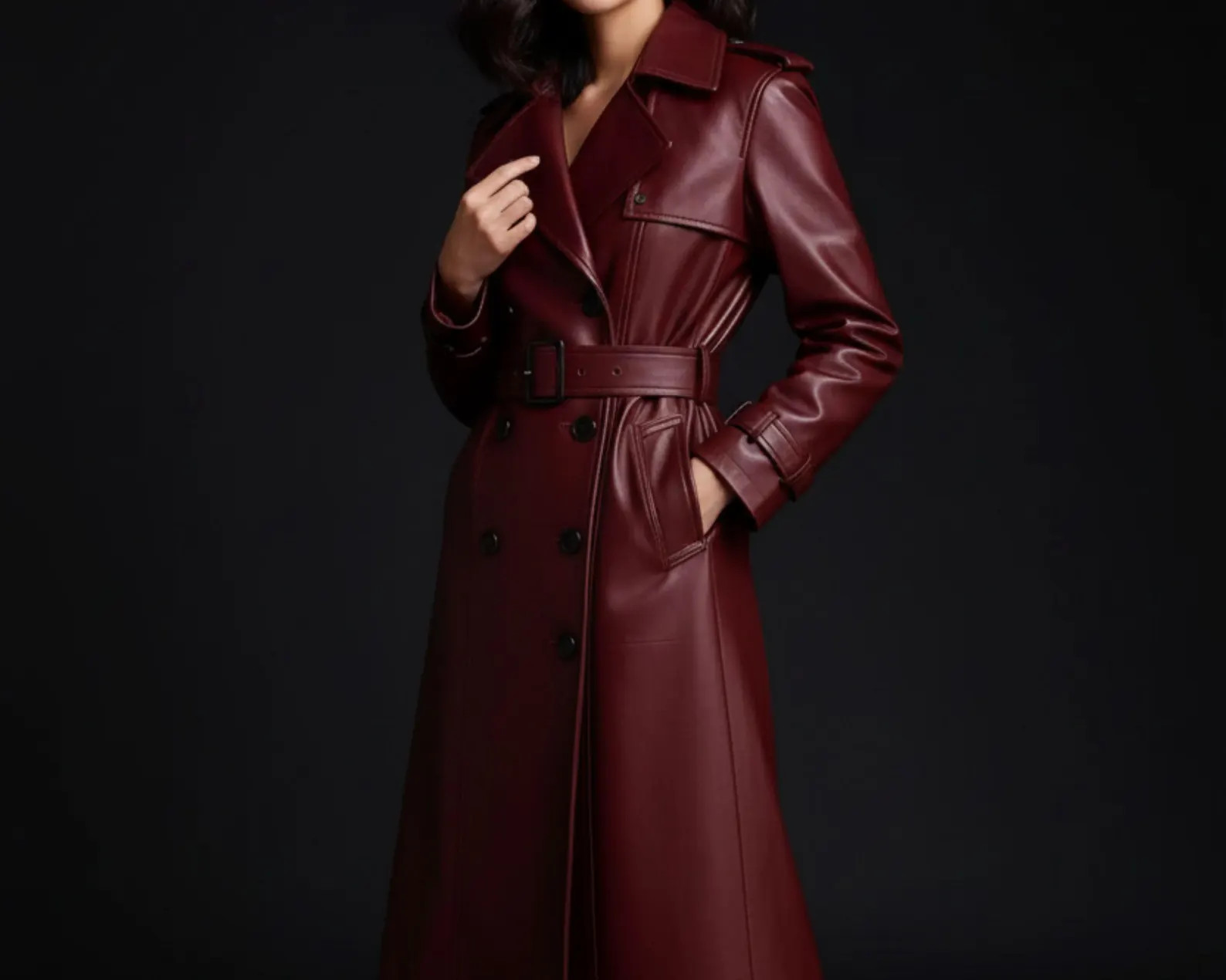 Burgundy Sheepskin Leather Trench Coat - Long Double Breasted Overcoat | Etsy (US)