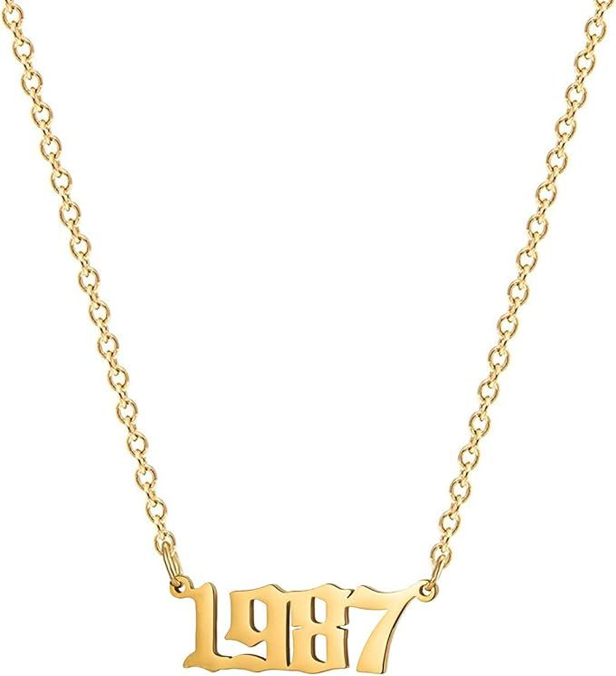 Birthday Year Necklace, 18K Gold Plated Stainless Steel Birth Year Number Pendant Necklace Memora... | Amazon (US)