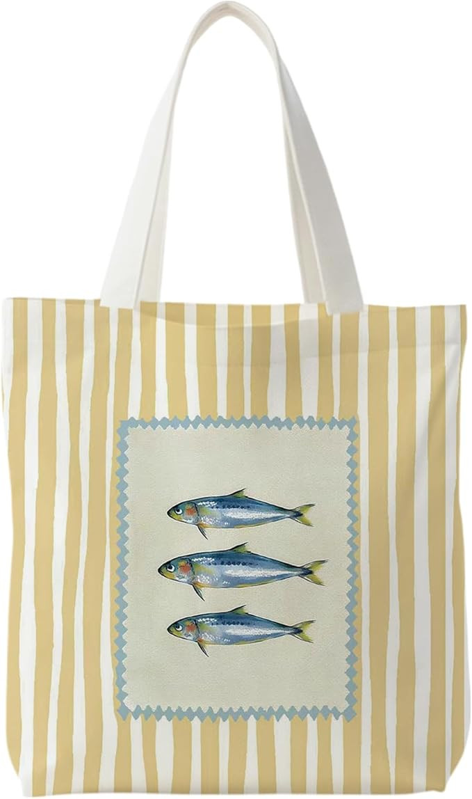Amazon.com: Cquwb Coastal Beach Sardines Fish Tote Bag for Women,Fish Gifts for Women,Yellow Beig... | Amazon (US)