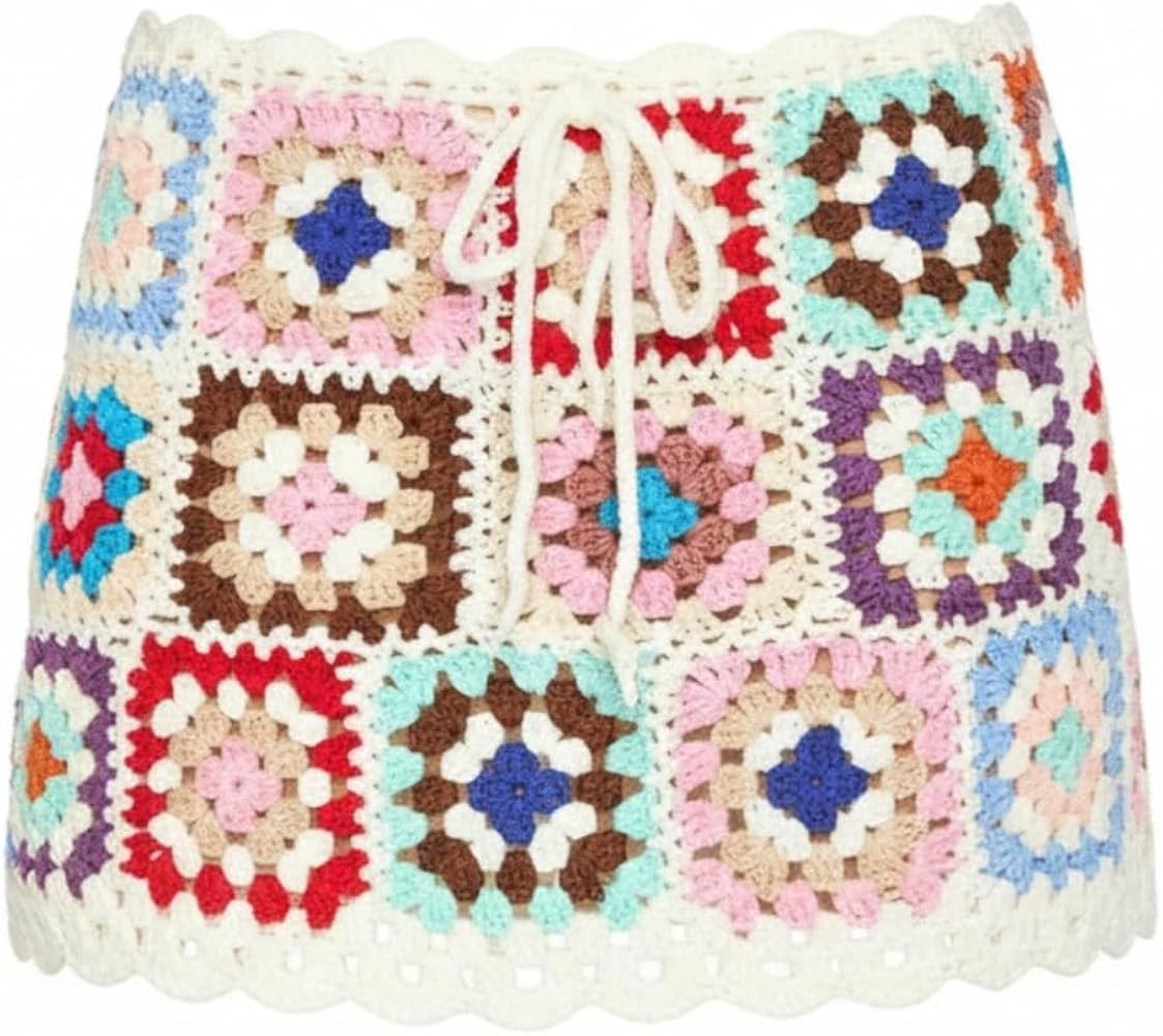 Boho Square Graphic Crochet Skirt for Women Drawstring Waist Knit Mini Skirt Slim Fit Summer Goin... | Amazon (US)