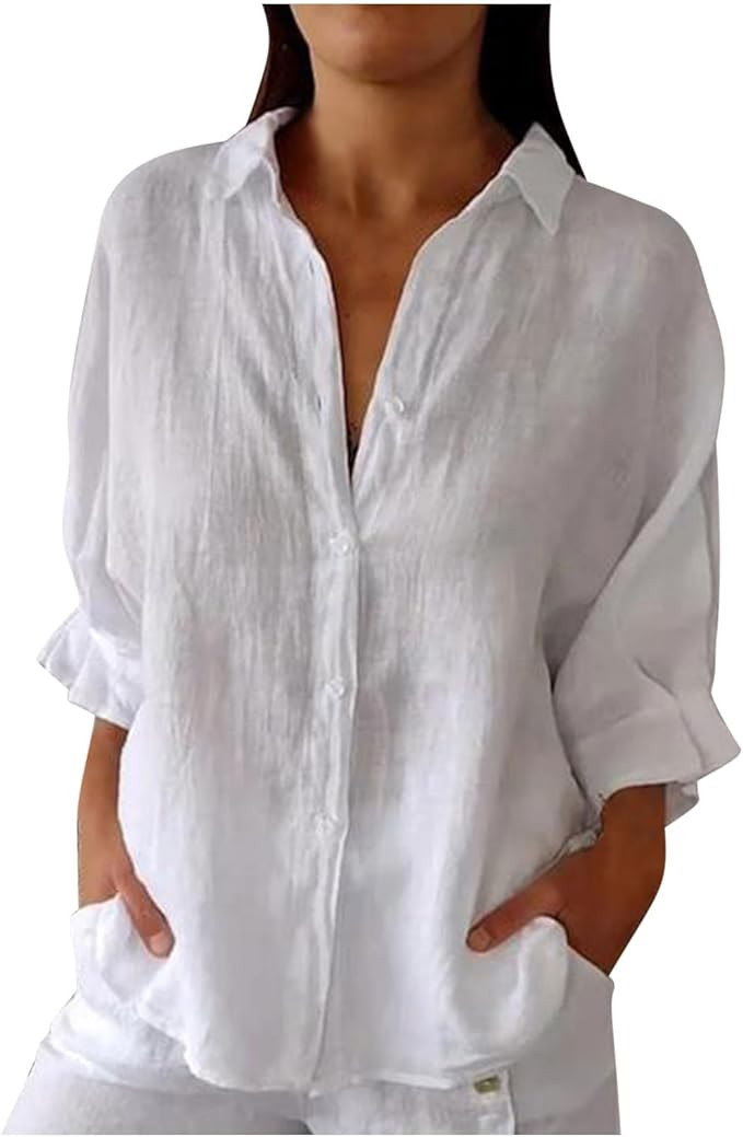 Women Button Down Shirts Cotton Linen Blouse Tops 3/4 Sleeve Gauze Collar Shirt Tunic Loose Fit F... | Amazon (US)