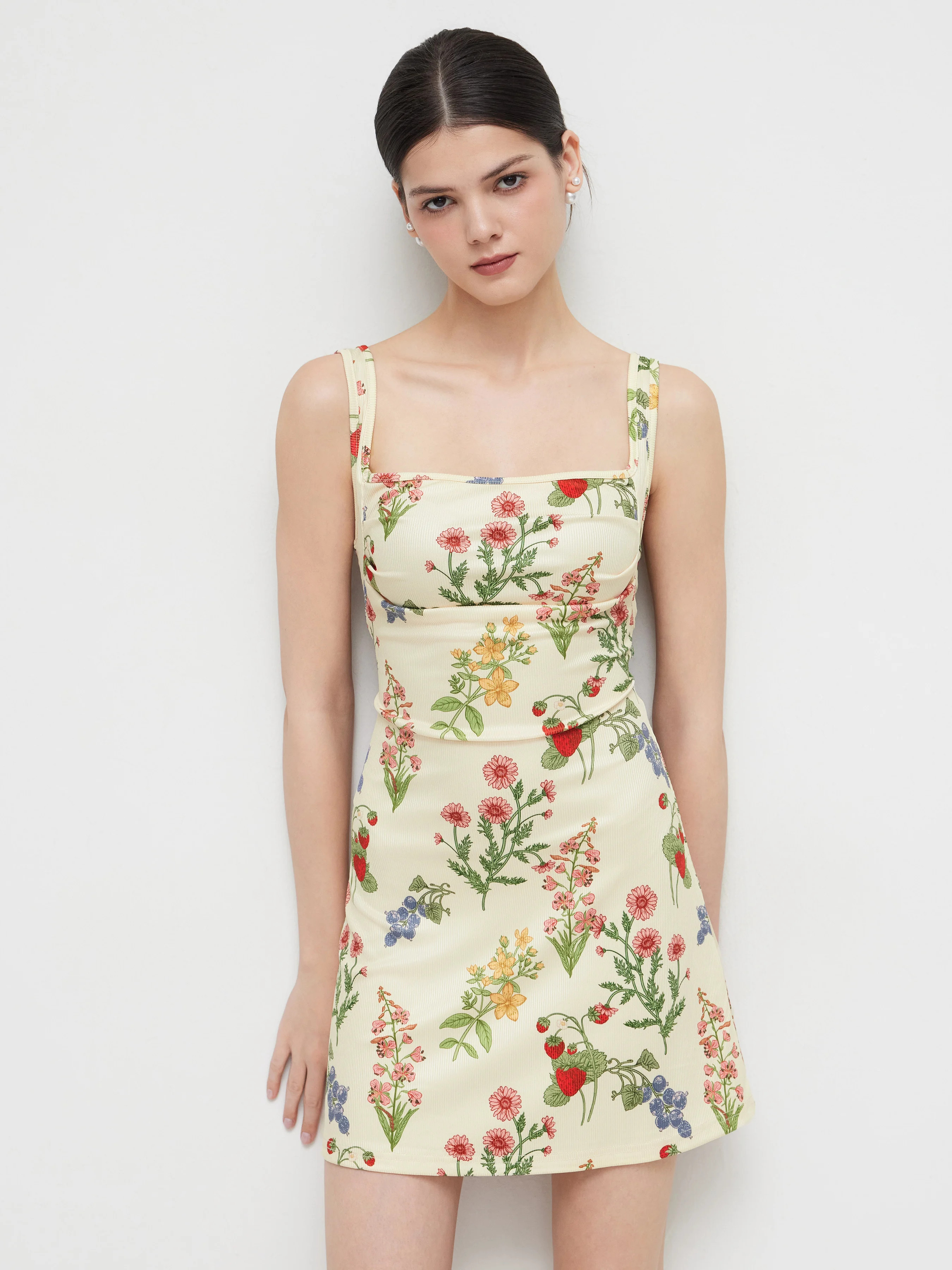 Knit Fabric Square Neck Floral & Fruit Graphic Mini Dress For Vacation | Cider
