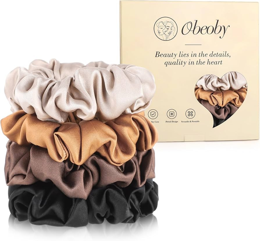 4 Pack Mulberry Silk Scrunchies, Brown Silk Hair Ties for Hair Sleep No Damag Satin Scrunchies Va... | Amazon (US)