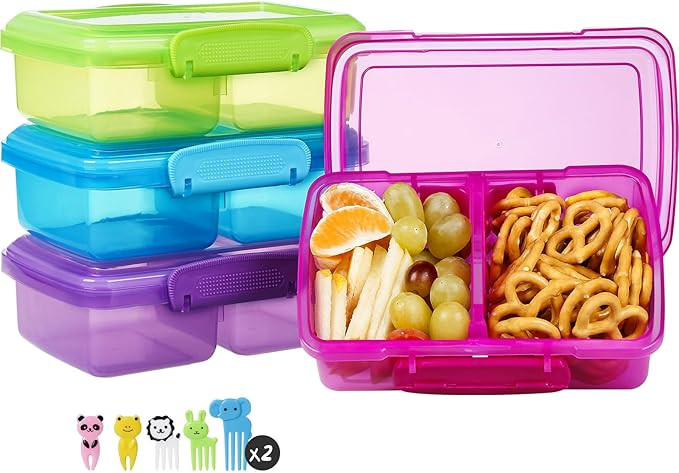 4 Pack Plastic Snack Containers with Lids, 2 Compartment Food Container for Kids Snack Box, Trave... | Amazon (US)
