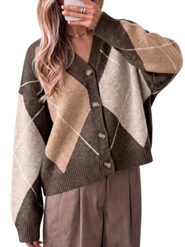 Cicy Bell Women Plaid Color Block Cardigan V Neck Long Sleeve Knit Sweater | Amazon (US)