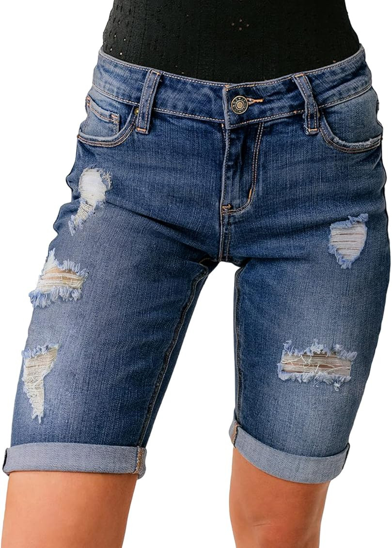 luvamia Women High Waisted Stretch Bermuda Shorts Ripped Rolled Hem Jean Shorts | Amazon (US)