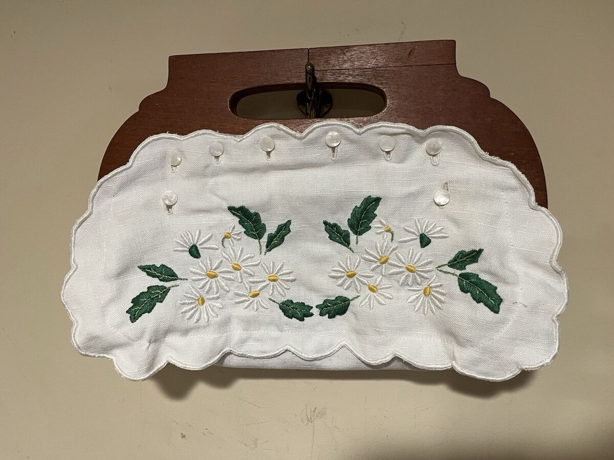 Vtg Wood Handle Purse Bermuda Bag White Embroidered Daisy Buttons Small Handbag | eBay US
