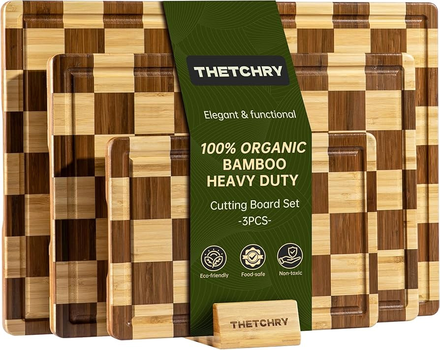 3 Pack Checkered Bamboo Cutting Board Set, Decorative End Grain Thick Wood Cutting Board, Crack-R... | Amazon (US)