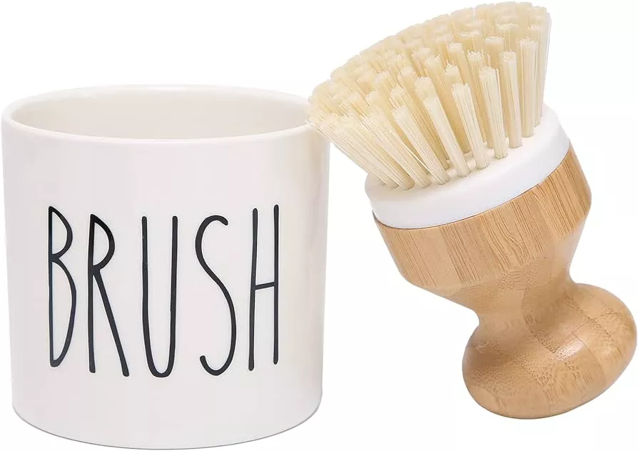 SUBEKYU Dish Brush with Handle, Natural Bamboo Dish Scrubber Brush, Kitchen  Dishwashing Brush for Cleaning Dishes/Pans/Pots/Sinks, Built-in Scraper