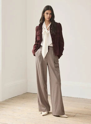 Burgundy Checked Contrast Waist Wide Leg Trousers | Mint Velvet