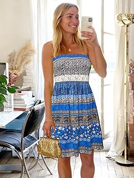 CHICGAL Summer Dresses for Women Beach Cover Ups Strapless Boho Floral Print Sundress | Amazon (US)