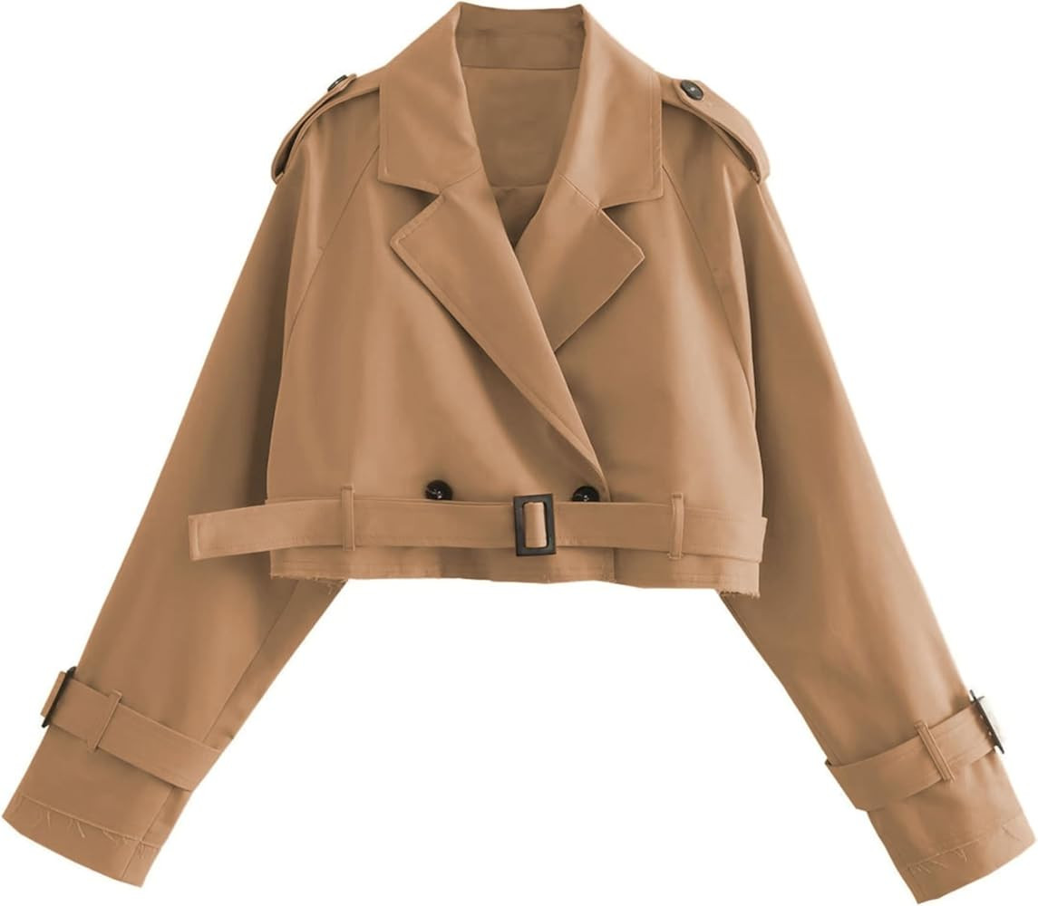 Xiaoxuemeng Womens Cropped Bike Jacket Casual Double Breasted Trench Coat with Belt | Amazon (US)