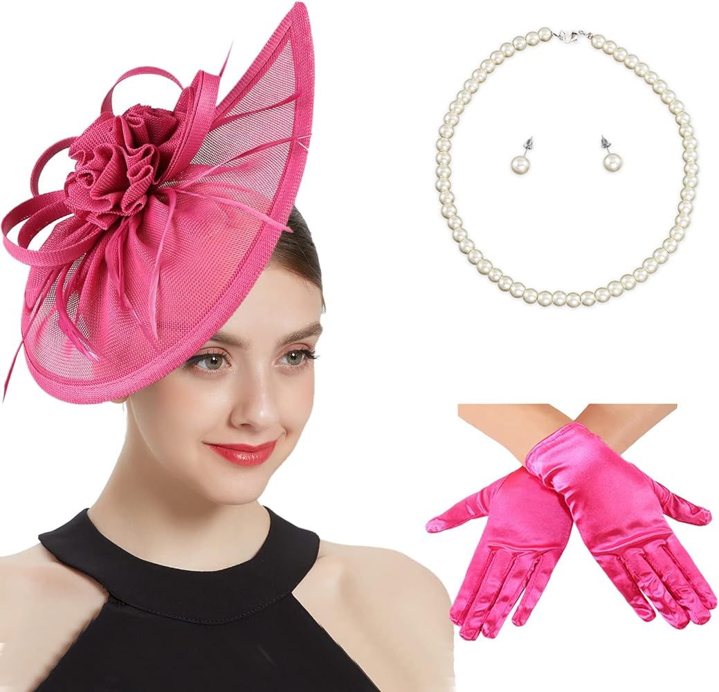 Ibeauti Fascinator Hats with Screentouch Lace Gloves Set for Women Tea Party Cocktail Wedding Der... | Amazon (US)