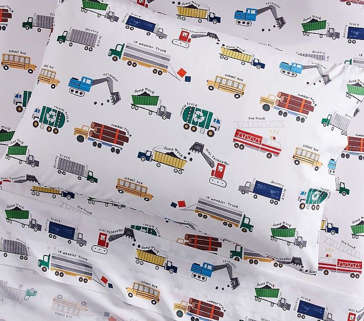 Busy Trucks Organic Sheet Set & Pillowcases | Pottery Barn Kids