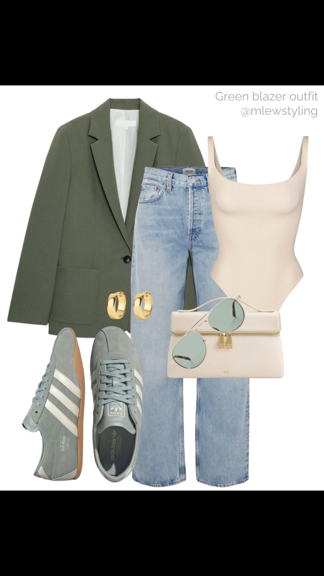 Spring outfit with a green blazer 🫒

Tags: agolde wide leg jeans, light wash denim, skims tank bodysuit, adidas tokyo sneakers, gold hoop earrings, JW PEI handbag, aviator sunglasses, neutral aesthetic, elevated everyday outfit 

#LTKgrwm #LTKWorkwear #LTKootd