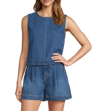 Alena Denim Round Neck Sleeveless Coordinating Blouse | Dillard's
