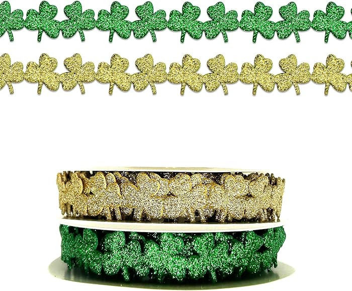 2 Rolls 10 Yards St. Patrick's Day Ribbons, Green Gold Shamrock Ribbon Clover Shape Craft Ribbons... | Amazon (US)