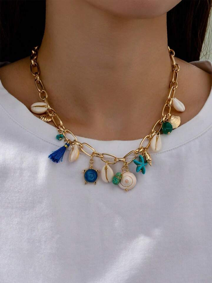 1 Pc BOHO Vocation Beach Style Starfish Summer Multi Charm Necklace | SHEIN