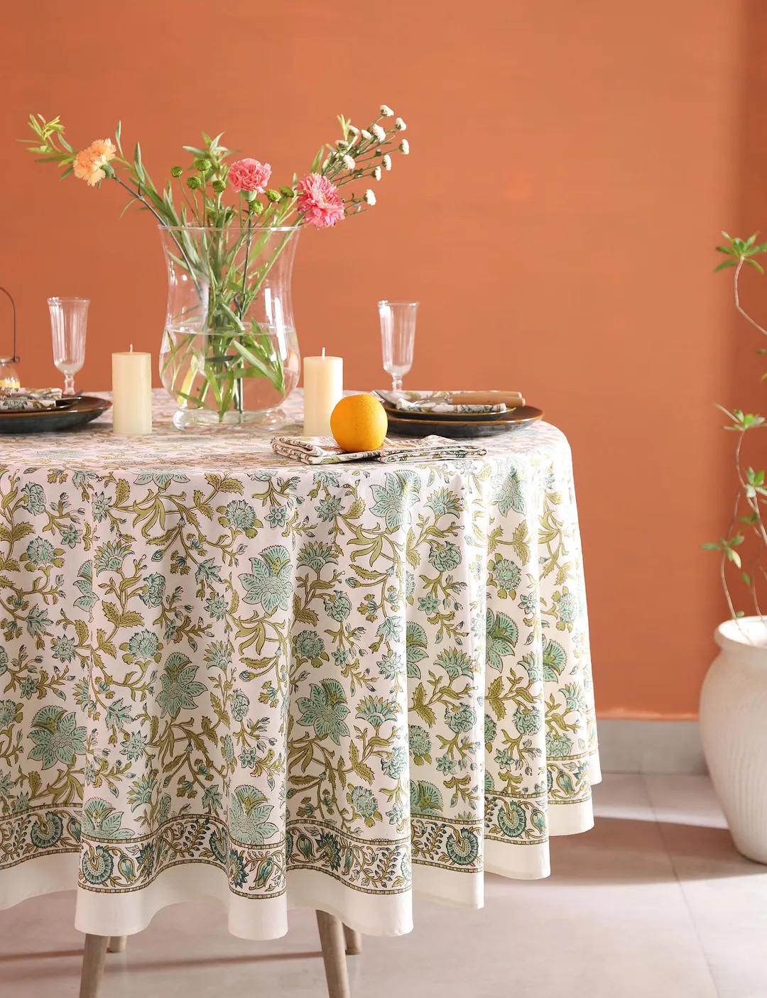 Green Indian Floral Round Tablecloth, Block Print Round Table Cover, Circle Tablecloth, Country K... | Etsy (US)