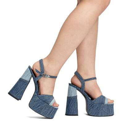 A Pair Platform Heels For Women Denim Chunky High Heel Sandals Peep Open Toe Ankle Buckle Strap Backless Heeled Sandals Casual Comfort Dress Sandals S | SHEIN