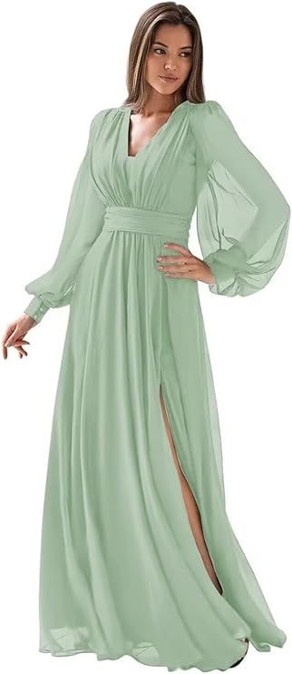 Womens V Neck Bridesmaid Dress Long Sage Green Pleated Chiffon Cocktail Prom Dresses for Teens wi... | Amazon (US)