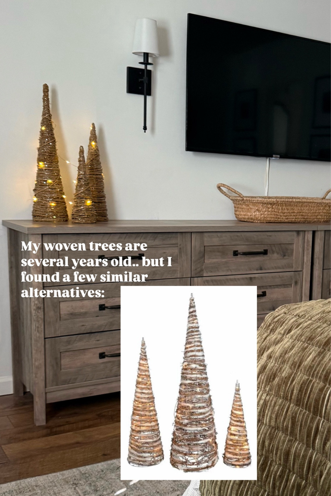 My woven trees are several years old, but I found several similar options: 

#LTKHoliday #LTKHome #LTKSeasonal