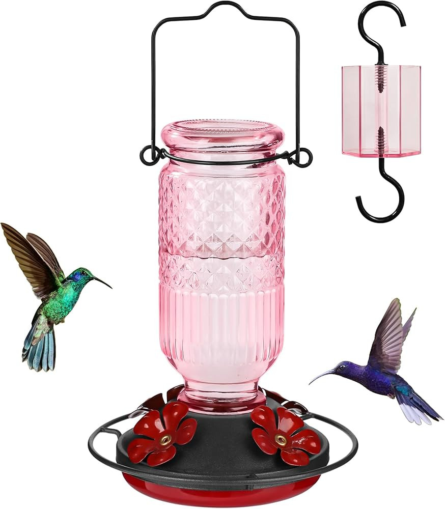 FEED GARDEN Glass Hummingbird Feeders for Outdoors, 16 OZ Pink Hummingbird Feeder with 4 Bee Guar... | Amazon (US)